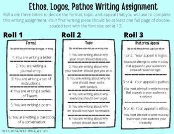 Preview of Ethos, Logos, Pathos Dice Roll Writing Activity