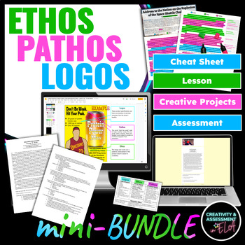 Preview of Ethos, Pathos, Logos Mini-BUNDLE Lesson, Fun Creative Projects, Assessment Quiz