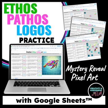 Preview of Ethos Pathos Logos Practice | Fun ELA Mystery Reveal Pixel Art Exit Ticket