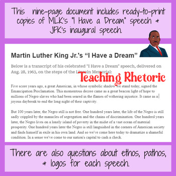 Preview of Ethos, Pathos, & Logos w/ MLK's "I Have a Dream" & JFK's Inauguration Speeches