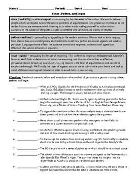 Preview of Ethos, Pathos, and Logos Worksheet