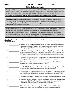 Ethos Pathos And Logos Worksheet By Bradley Thompson TPT