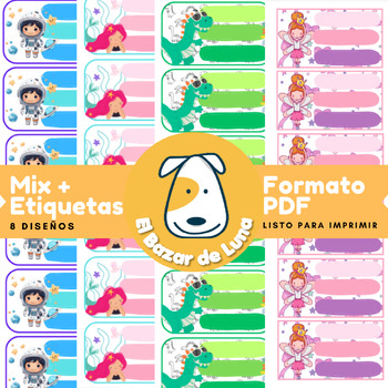 Preview of Etiqueta escolar Mix Astronauta, Sirenita, Dinosaurio, Bailarina PDF Escolar
