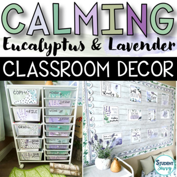 Preview of Eucalyptus Classroom Decor - Calming Posters Rolling Cart Labels Bulletin Board