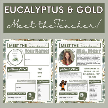 Preview of Eucalyptus & Gold "Meet the Teacher" Editable on Google Slides 