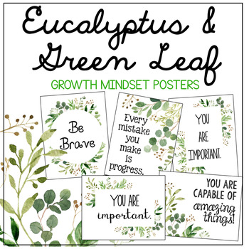 Preview of Eucalyptus & Green Leaf Growth Mindset Posters - Classroom Decor