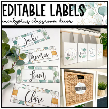 Preview of Eucalyptus and Gold Classroom Decor: EDITABLE LABELS | name tags | Calm