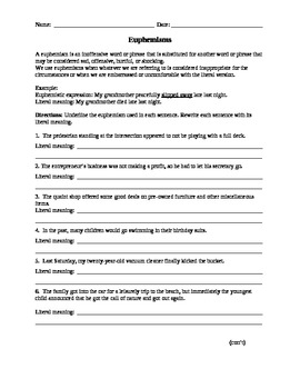 euphemism worksheet by jane maitski teachers pay teachers