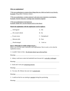euphemisms worksheet definition common usages and fun