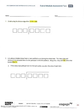 Preview of Eureka 6th grade Math- End of Module 2 Assessment Modified