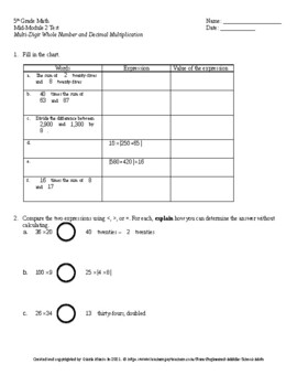 Preview of Eureka Math 5th Grade Mid-Module 2 Test