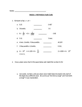 Preview of Eureka Math 5th Grade Module 1 Mid Module Study Guide