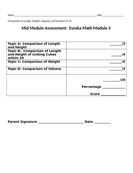Preview of Eureka Math Mid Module 3 Kindergarten Assessment