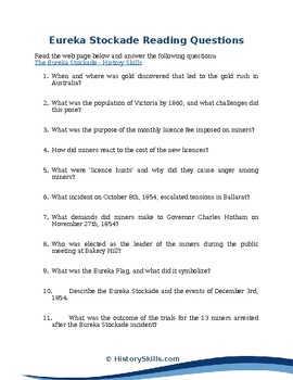 Preview of Eureka Stockade Reading Questions Worksheet