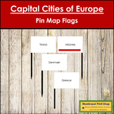 Capital Cities of Europe Map Labels - Pin Map Flags (color-coded)