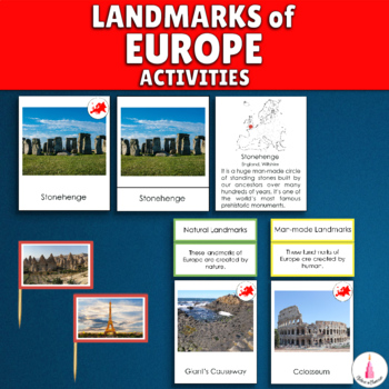 Preview of Europe Continent Landmarks Montessori 4 Part Cards Geography Activity