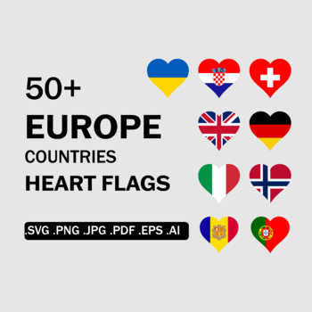 Preview of Europe Countries Heart Love Shape Flags Cricut Vector Set SVG PNG JPG PDF EPS AI