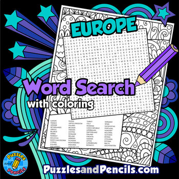 Preview of Europe Word Search Puzzle with Coloring Activity Page | Countries of Europe