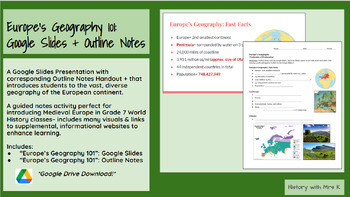 Preview of Europe's Geography 101: Google Slides Presentation + Outline Notes 