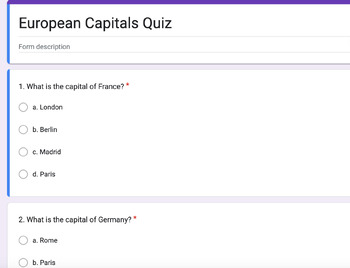 Preview of European Capitals Google forms quiz