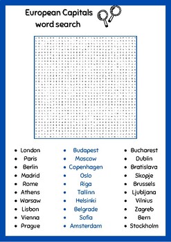 European Capitals word search puzzles worksheets activity for crithical ...