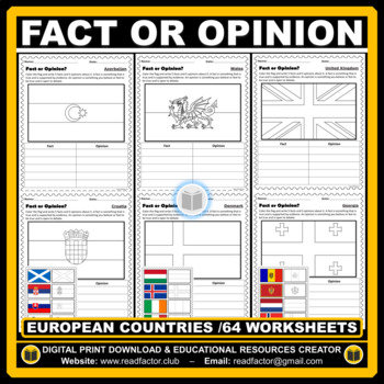 Preview of European Countries Fact Or Opinion Activity and Flags Coloring - 64 Worksheets