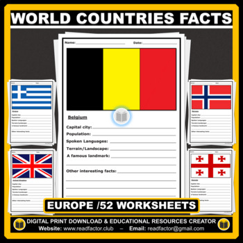 Preview of European Countries Facts Activity - 52 worksheets
