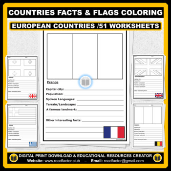 Preview of European Countries Facts Activity and Flags Coloring - 51 Worksheets
