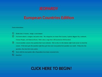 Preview of European Countries Jeopardy Review Game