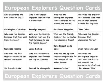 Preview of European Explorers Question Cards