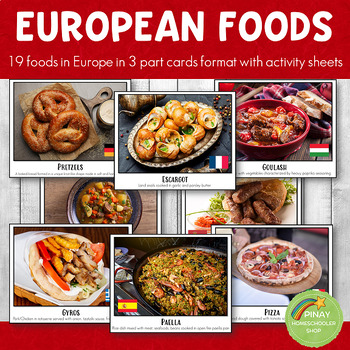 Preview of European Foods Montessori 3 Part Cards and Activity Sheets