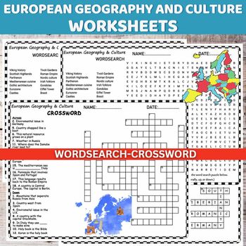 Preview of European Geography and Culture worksheets Word Search-Crossword