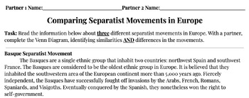 Preview of European Separatist Movements---READING & Venn Diagram