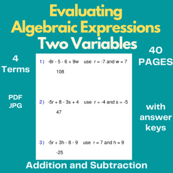 Preview of EvaluatE Expressions -Algebraic Expressions - Pre-Algebra - Two Variables