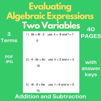 Preview of Evaluate Algebraic Expressions -Algebraic Expressions - Pre-Algebra