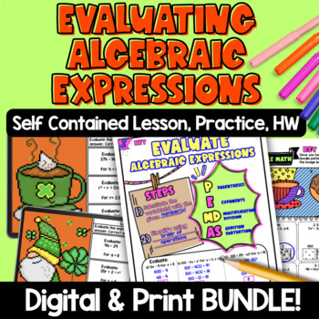 Preview of Evaluate Algebraic Expressions Guided Notes & Pixel Art | St. Patrick's Day Math