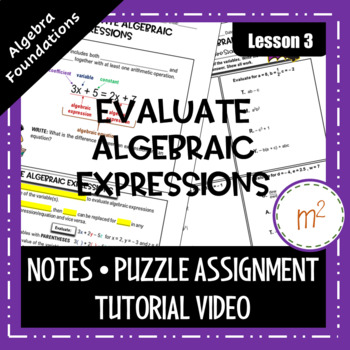 Preview of Evaluate Algebraic Expressions Notes and Assignment Distance Learning