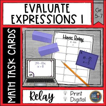 Preview of Evaluate Expressions 1 with Whole Numbers Task Cards Havoc Math Relay