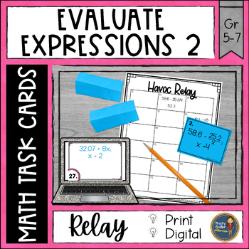 Preview of Evaluate Expressions 2 with Decimals Task Cards Havoc Math Relay
