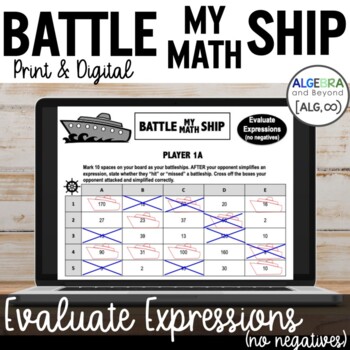 Preview of Evaluate Expressions Activity (no negatives) | Battle My Math Ship Game