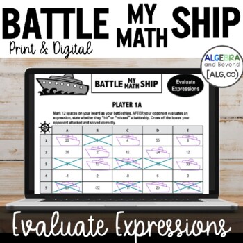 Preview of Evaluate Expressions Activity | Battle My Math Ship Game | Print and Digital