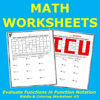 Preview of Evaluate Functions in Function Notation Riddle and Coloring Worksheet #3