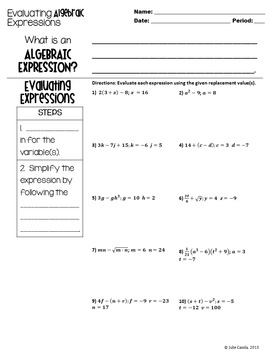 Evaluating Algebraic Expressions - Notes & Practice! by The Math Series