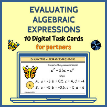 Preview of Evaluating Algebraic Expressions - 10 Digital Task Cards for 2 Partners