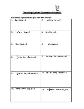 Preview of Evaluating Algebraic Expressions