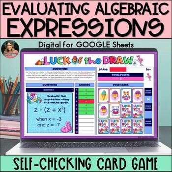Preview of Evaluating Algebraic Expressions Activity - Digital Card Game - 6th 7th 8th Alg.