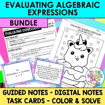 Preview of Evaluating Algebraic Expressions Notes & Activities | Digital Notes | Task Cards