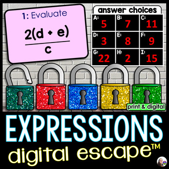 Preview of Evaluating Algebraic Expressions Digital Math Escape Room Activity