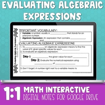 Preview of Evaluating Algebraic Expressions Digital Notes