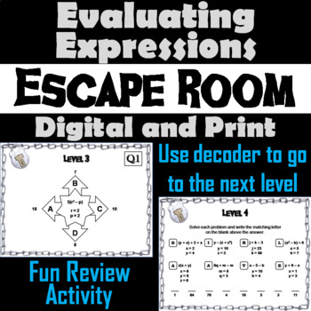 Preview of Evaluating Algebraic Expressions Activity: Escape Room Math Breakout Review Game